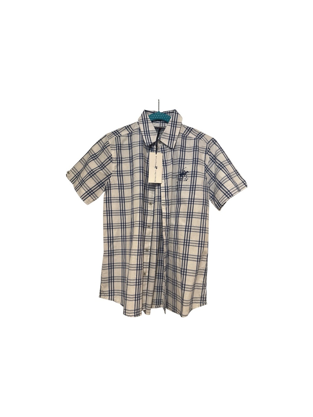 Beverly Hills Polo Club Boys Size 14 Sky Plaid Button Down Shirt NWT